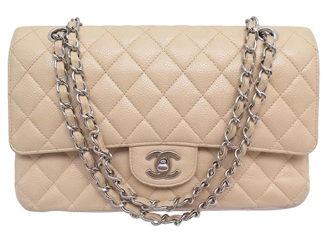 CHANEL TIMELESS CLASSIC MÉDIA BOLSA CAVIAR COURO CROSSBODY BOLSA Bege  ref.1182941