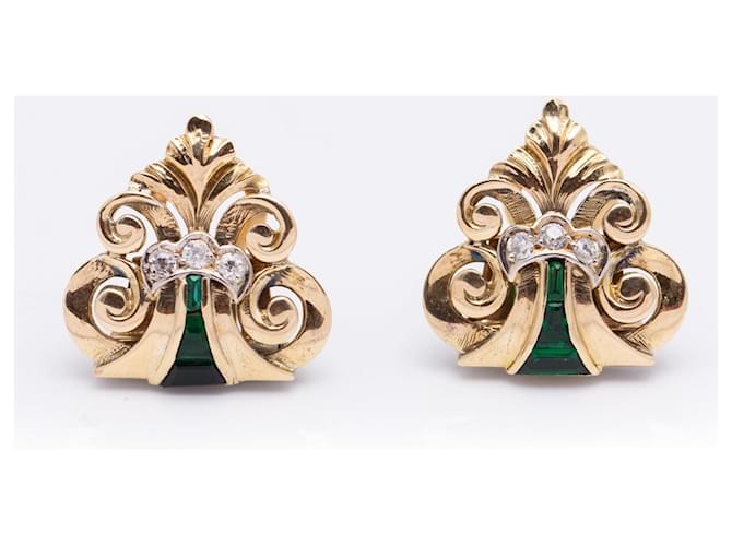 Autre Marque Vintage earrings with Emeralds and Diamonds Golden Yellow gold  ref.1183081