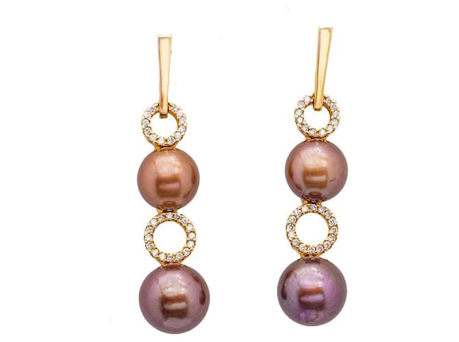 Autre Marque Earrings with diamonds and pearls Golden Pink gold  ref.1183174