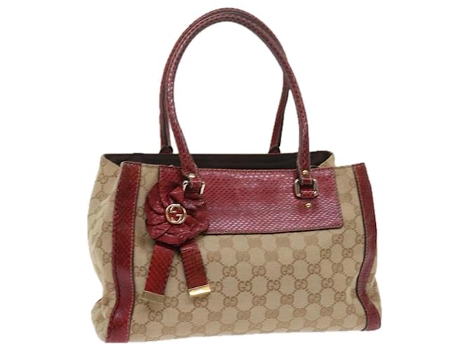 GUCCI GG Canvas Hand Bag Snake leather Beige Red Auth ki3896  ref.1183317