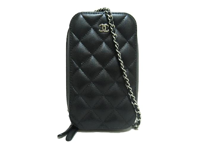 Chanel Quilted Caviar Crossbody Phone Holder Black Leather  ref.1184242