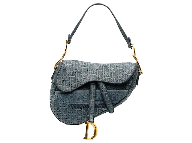 Dior Blue Oblique Denim Saddle Bag Leather Pony-style calfskin Cloth  ref.1184489