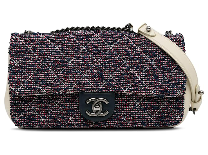 Chanel Blue Small Classic Tweed Flap Bag Pony-style calfskin Cloth  ref.1184569