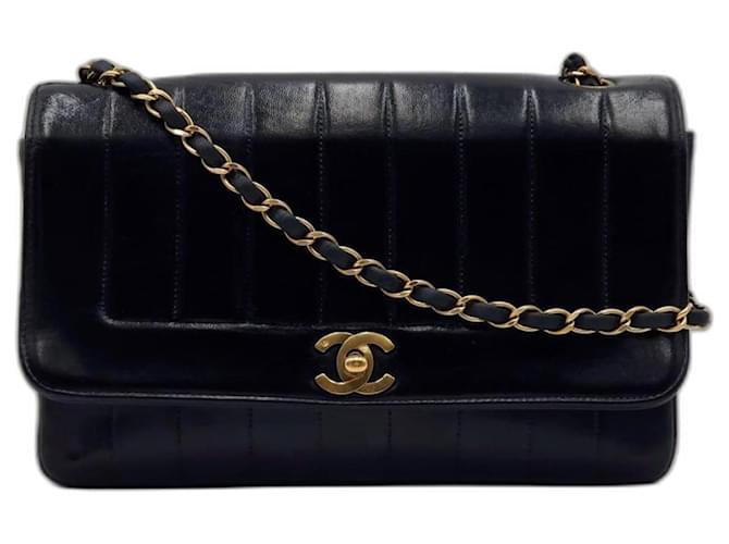 Chanel Vintage Timeless Classic Mademoiselle Stripe Single Flap Black Leather  ref.1184581