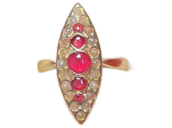 Autre Marque Antiguo anillo de oro amarillo 18 quilates engastados con perlas y gafas rojas. Rosa Dorado Vidrio  ref.1184712