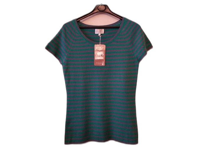 Pull Eric Bompard Rayé Vert et Gris Cachemire et Soie L Multicolore