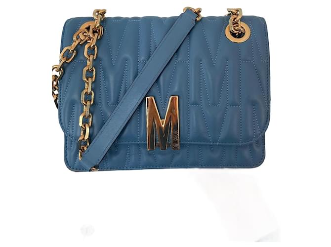 Bolsa de ombro acolchoada com placa com logotipo Moschino Azul Cabra  ref.1188594