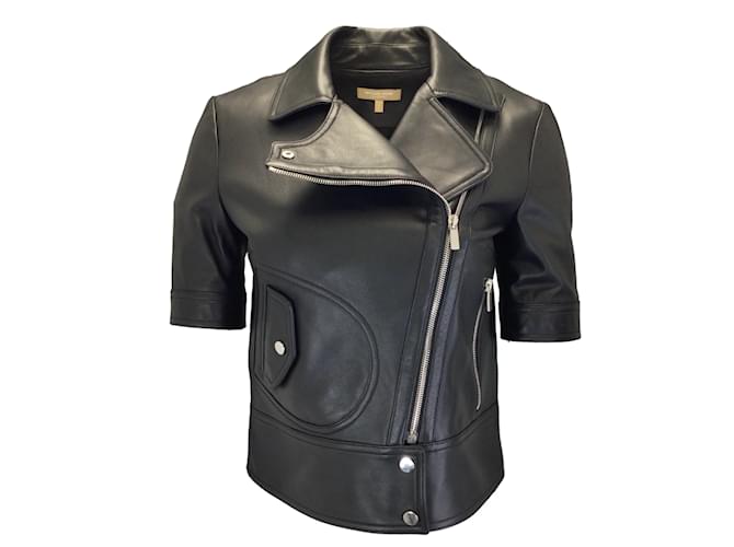 Autre Marque Michael Kors Collection Black Short Sleeved Moto Zip Lambskin Leather Jacket  ref.1188799
