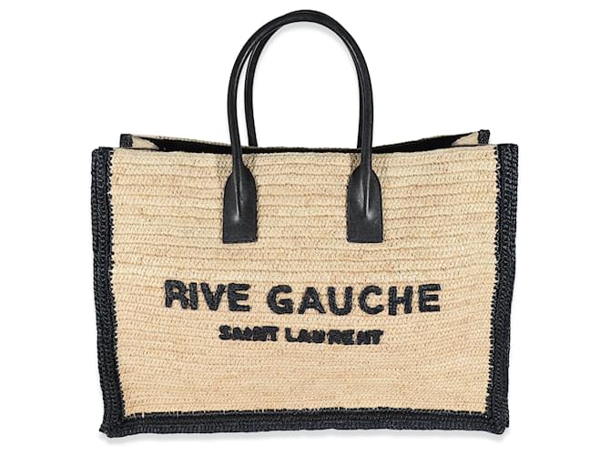 Borsa tote Rive Gauche in pelle nera rafia naturale beige Saint Laurent Marrone Paglia  ref.1188964