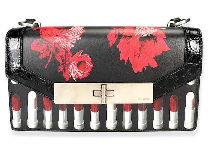 Prada Séverine-Tasche aus schwarzem Leder mit Blumen- und Lippenstift-Print  ref.1189006