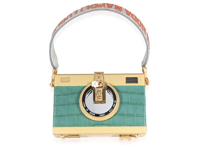 Dolce & Gabbana Green Embossed Gold Resin Camera Case Bag Golden Metallic Leather  ref.1189020