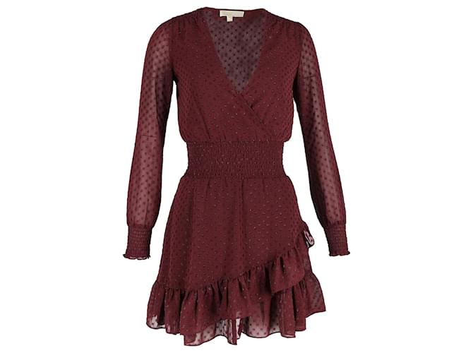 Michael Kors Clip Glitter Jacquard Smocked Dress in Burgundy Polyester Dark red  ref.1189044