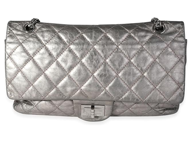 Chanel Metallic Pewter Crinkle Lambskin Reissue 2.25 227 Double Flap Bag Silvery Leather  ref.1189112