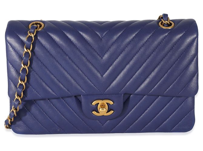 Timeless Chanel Navy Chevron Medium Classic Double Flap Blue