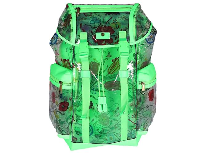 Mochila Gucci Neon Verde Couro e Flora PVC  ref.1189120