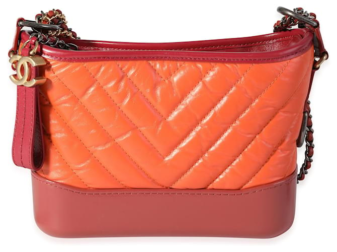 Chanel Orange & Red Aged Calfskin Chevron Quilted Small Gabrielle Hobo Leather  ref.1189124