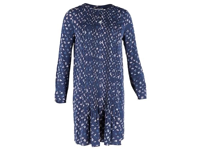 Diane Von Furstenberg Robe plissée imprimée à manches longues en soie bleu marine  ref.1189141