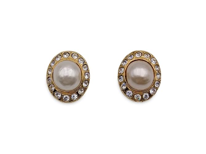 Chanel Vintage Gold Metal Faux Pearls Rhinestones Clip On Earrings Golden  ref.1189180