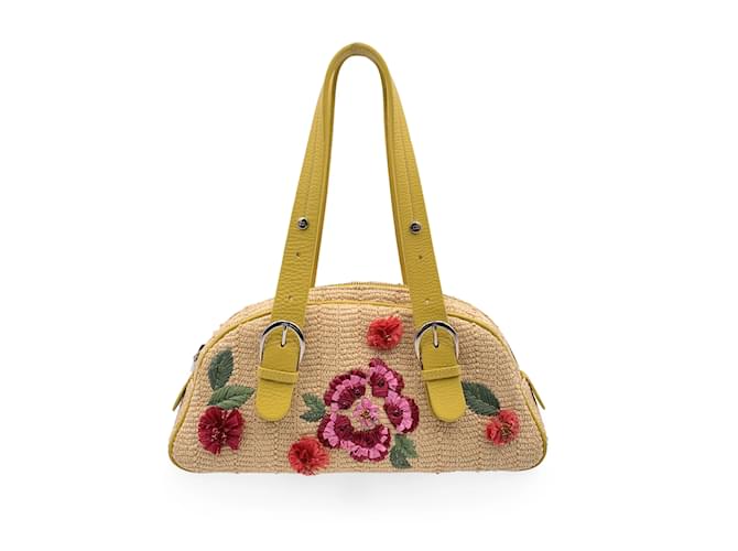 Christian Dior Limited Edition Yellow Raffia Flower Handbag Leather  ref.1189192
