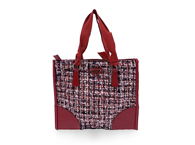 Prada Petit sac cabas plat en tweed et cuir rouge  ref.1189193