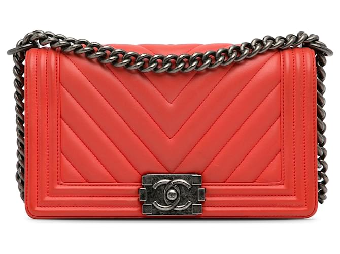 Chanel Red Medium Calfskin Chevron Boy Flap Leather Pony-style calfskin  ref.1189593