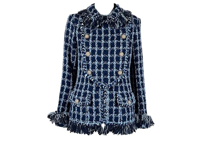 Chanel 10K$ Nuova Parigi / Giacca in tweed con bottoni gioiello di Dallas Blu navy  ref.1189627