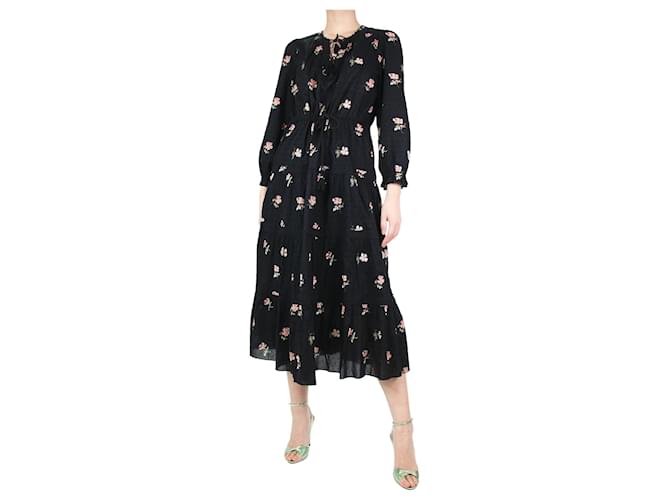 Ulla Johnson Black floral patterned tiered midi dress - size UK 12 Cotton  ref.1189724