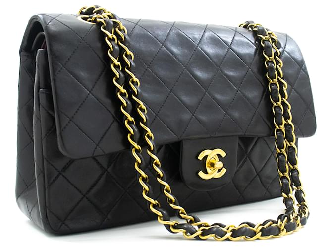 Chanel Classic gefütterte Klappe 10"Chain Shoulder Bag Black Lambskin Schwarz Leder  ref.1190198
