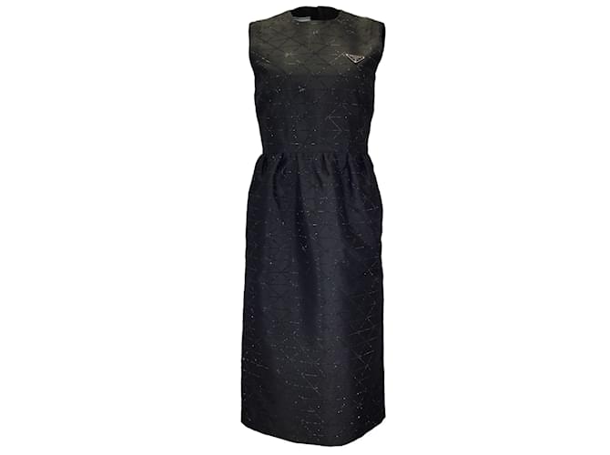 Autre Marque Prada Black 2022 Logo Plaque Detail Rhinestone Embellished Sleeveless Silk Dress  ref.1190540