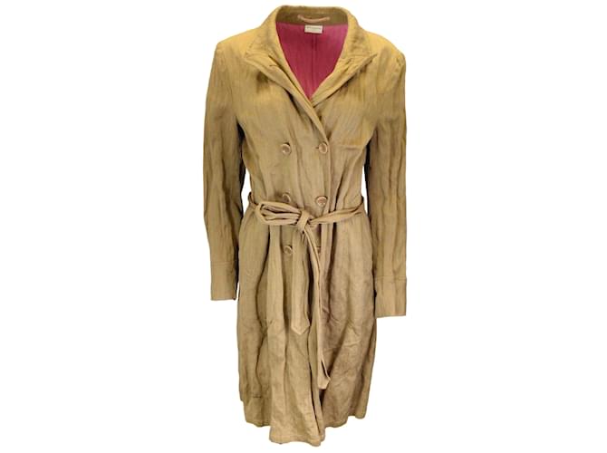 Autre Marque Dries Van Noten Camel Belted lined Breasted Crinkled Cotton Coat  ref.1190543