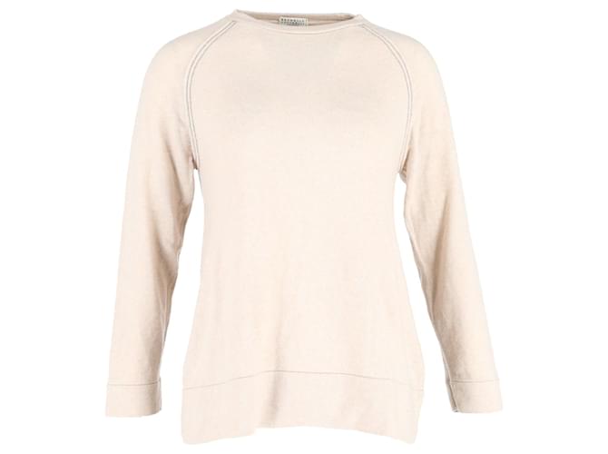 Brunello Cucinelli Ribbed-Trim Sweater in Cream Cotton White  ref.1190629