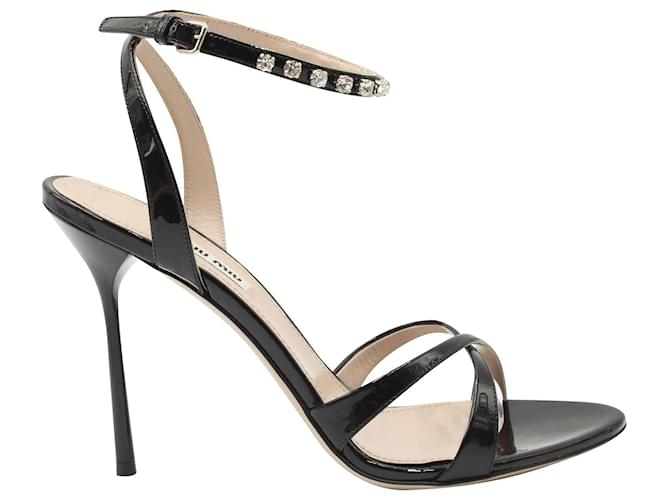 Miu Miu Calzature Donna Sandalias con adornos de cristal en charol negro Cuero  ref.1190665