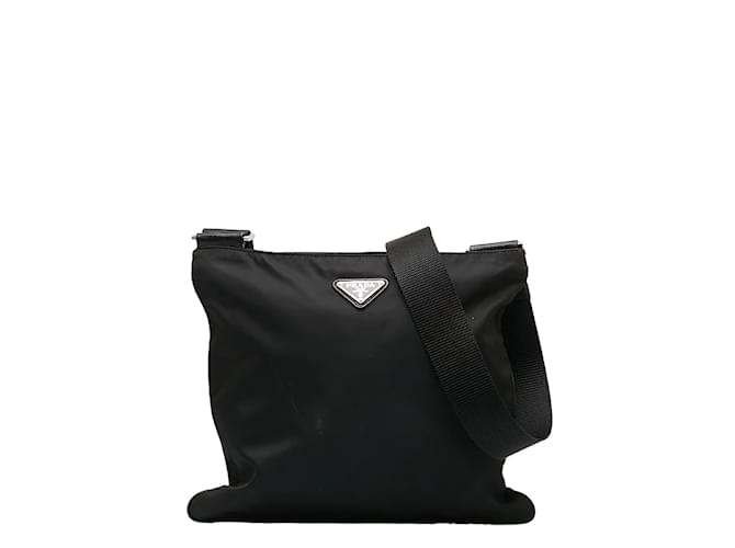 Bolsa de ombro Prada em nylon e couro com placa de logotipo triangular Tessuto VA0053 em boas condições Preto Lona  ref.1190776