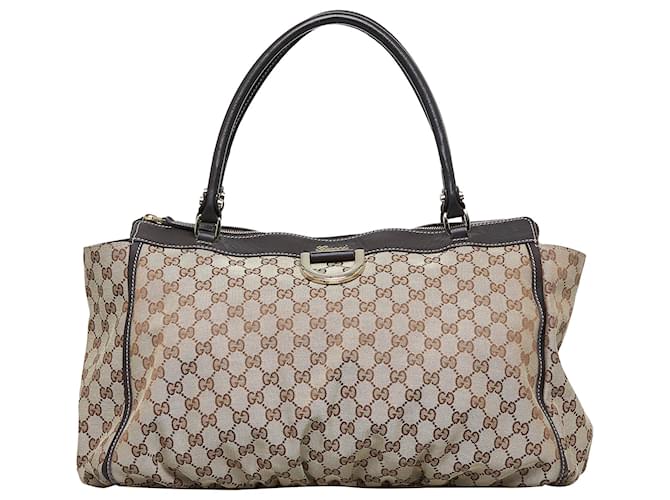 Gucci Brown GG Canvas Abbey D-Ring Tote Dark brown Leather Cloth Pony-style calfskin Cloth  ref.1190868