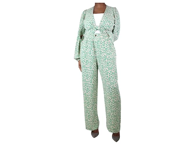Ganni Cream leaf print crepe wrap blouse-trousers set - size UK 14 Green Viscose  ref.1191333