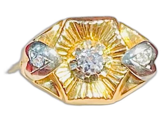 Autre Marque Old ring in yellow and white gold 18 carats set with 3 White Stones. Silvery Golden Yellow gold  ref.1191361