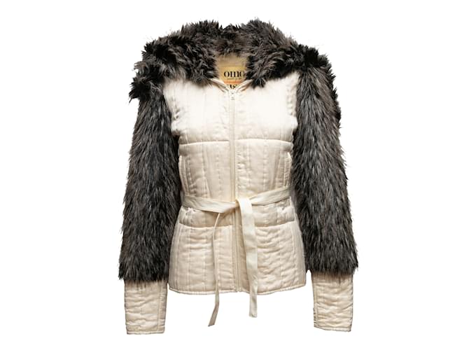 Autre Marque Vintage White & Charcoal Omo Norma Kamali Silk & Faux Fur Jacket Size US XS  ref.1191501
