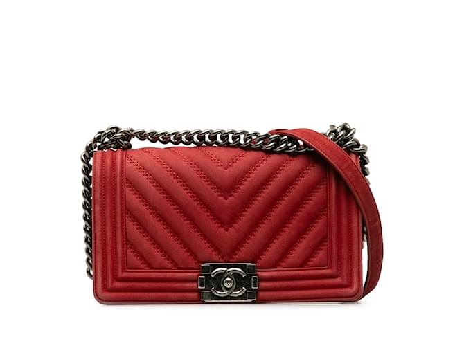 Red Chanel Medium Suede Chevron Boy Flap Crossbody Bag Leather  ref.1191579