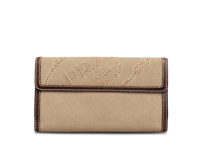 Brown Prada Canapa Logo Bifold Long Wallet Leather  ref.1191591