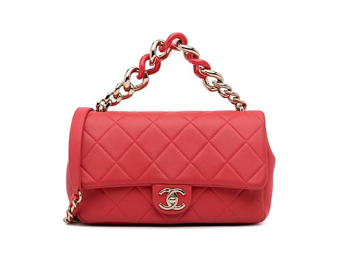 Bolsa Chanel pequena em pele de cordeiro vermelha elegante com aba única Vermelho Couro  ref.1191602