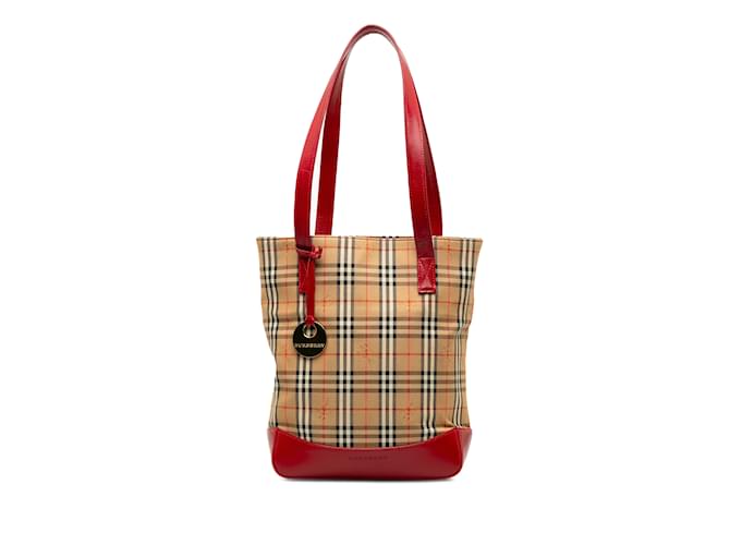 Tan and Red Burberry Haymarket Check Tote Camel Leather  ref.1191627