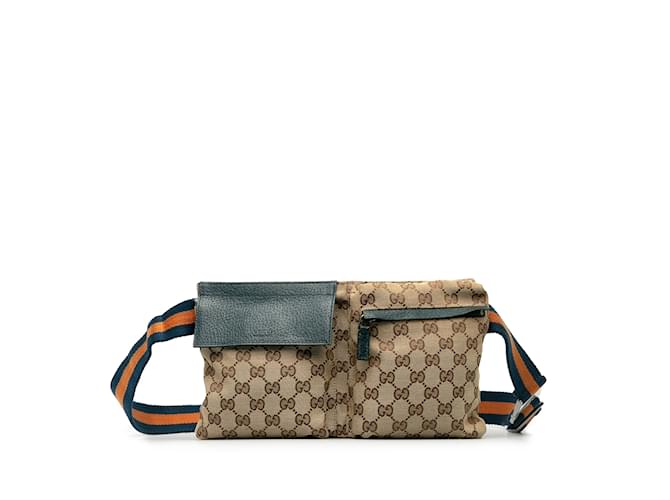 Tan Gucci GG Canvas Web Double Pocket Belt Bag Camel Cloth  ref.1191696