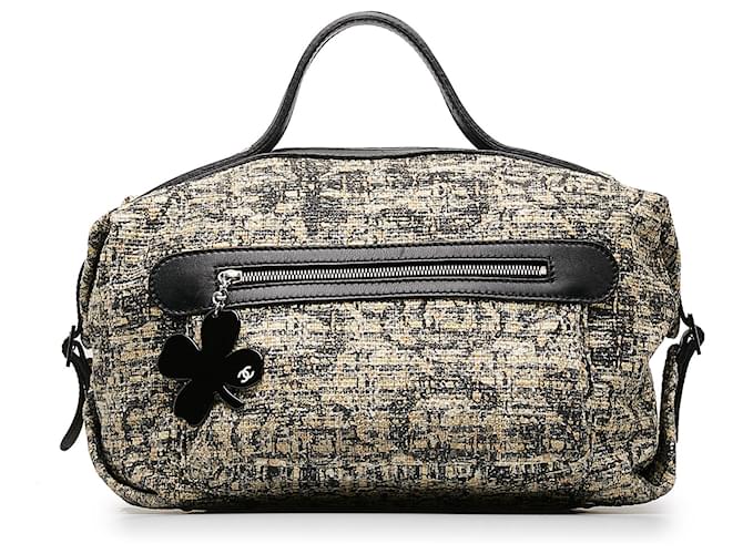 Chanel Brown Tweed Clover Handbag Black Beige Leather Pony-style calfskin Cloth  ref.1191959