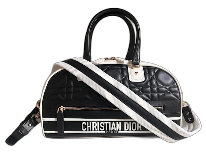 Christian Dior bolsa de ombro preta vibe bowling macrocannage Preto Branco Couro  ref.1191998