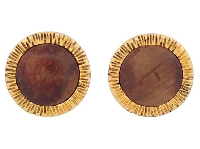 VINTAGE CHANEL ROUND EARRINGS GOLD METAL AND WOOD 1970 Steel Earrings Golden  ref.1192072