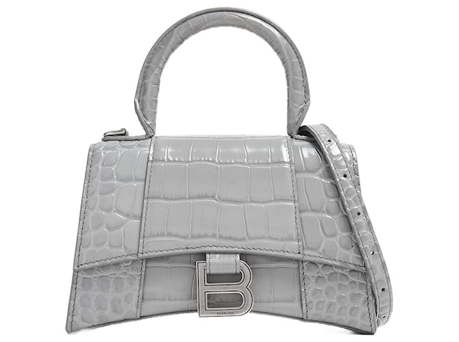 Balenciaga XS Hourglass Croc Embossed Top-Handle Bag in Grey Leather  ref.1192148