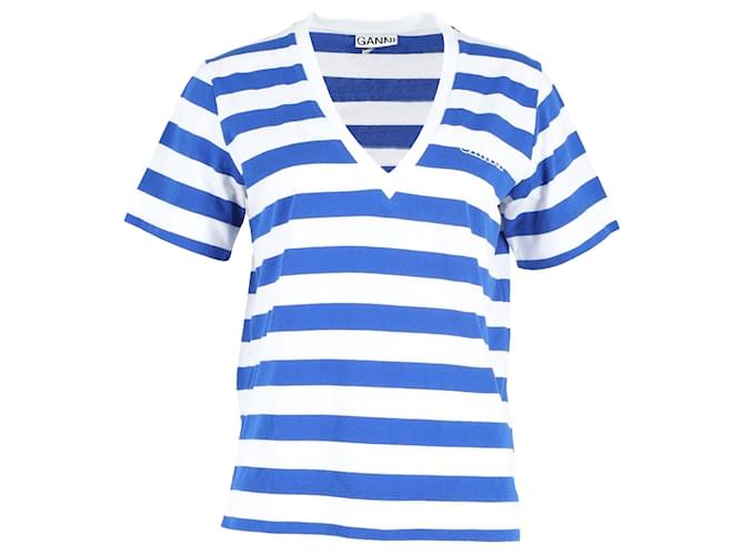Camiseta Ganni listrada com decote em V em algodão azul e branco  ref.1192179
