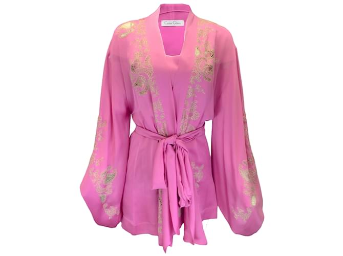 Autre Marque Carine Gilson Pink Lace Trimmed Belted Silk Robe and Camisole Two-Piece Set  ref.1192874