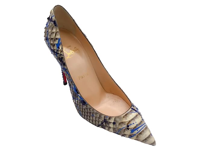 Autre Marque Christian Louboutin Ivory / Blue / Navy Paint Splatter Python Skin Leather High Heeled Pointed Toe Pumps Multiple colors Exotic leather  ref.1192887