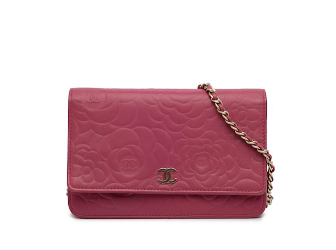 Wallet On Chain Carteira Chanel Camélia Rosa em Bolsa Crossbody com Corrente Couro  ref.1192923